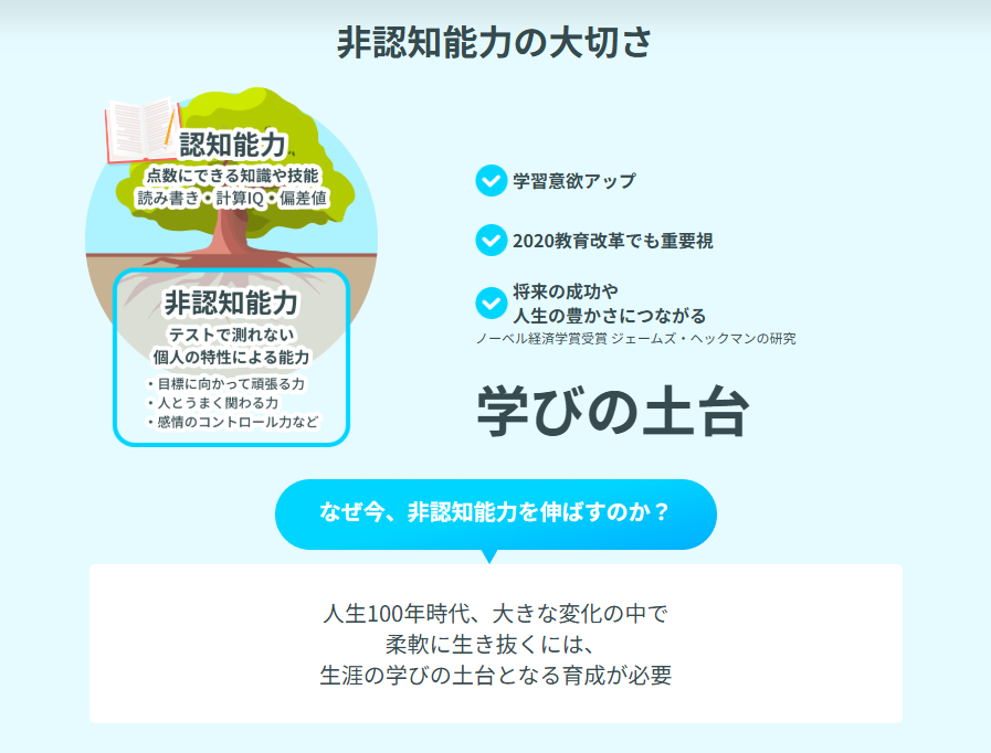 非認知能力とは、やり抜く力・自己肯定感などの生きる力。学びに向かう力の土台になる。